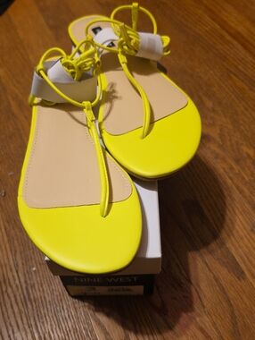 Nine West Bright Yellow T-Strap Flat Sandals